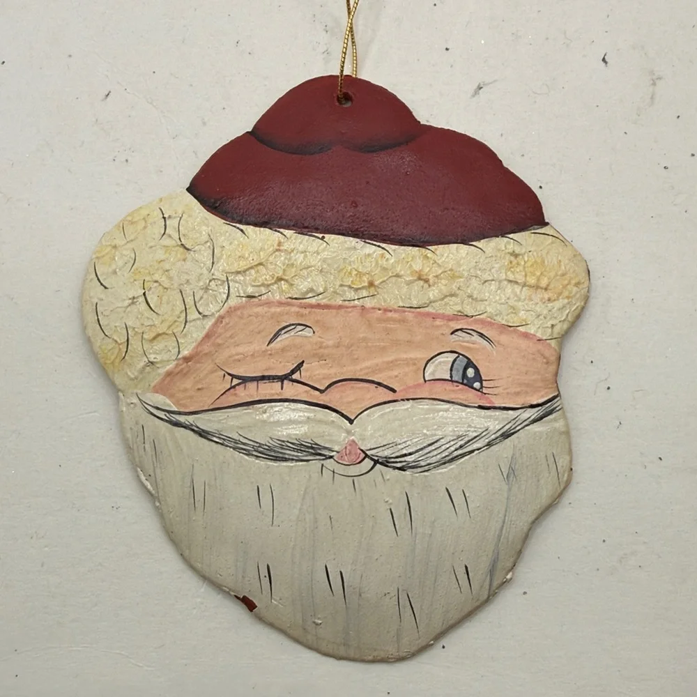Vintage Santa Claus Face Clay Christmas Ornament Made In Haiti Folk Art Decor